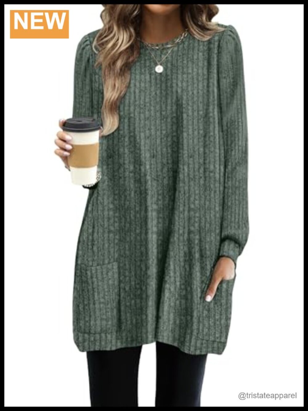 Long Sleeve Tunic Sweater with Pockets Loose Fit Stripe Texture